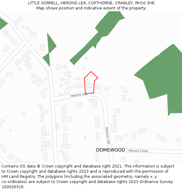 LITTLE SORRELL, HERONS LEA, COPTHORNE, CRAWLEY, RH10 3HE: Location map and indicative extent of plot
