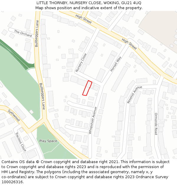 LITTLE THORNBY, NURSERY CLOSE, WOKING, GU21 4UQ: Location map and indicative extent of plot