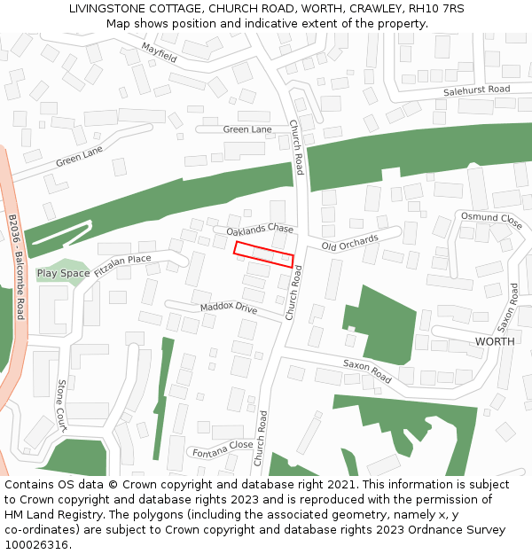 LIVINGSTONE COTTAGE, CHURCH ROAD, WORTH, CRAWLEY, RH10 7RS: Location map and indicative extent of plot