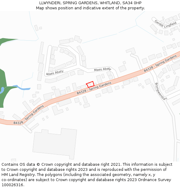 LLWYNDERI, SPRING GARDENS, WHITLAND, SA34 0HP: Location map and indicative extent of plot