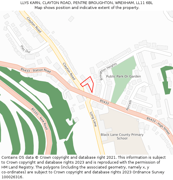 LLYS KARN, CLAYTON ROAD, PENTRE BROUGHTON, WREXHAM, LL11 6BL: Location map and indicative extent of plot