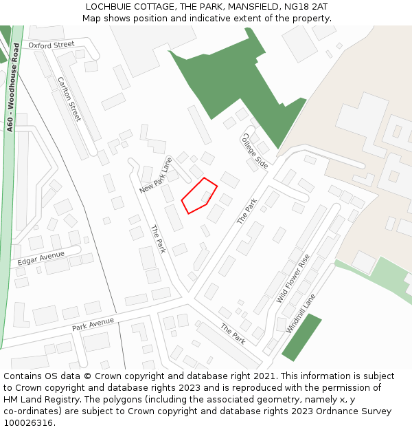LOCHBUIE COTTAGE, THE PARK, MANSFIELD, NG18 2AT: Location map and indicative extent of plot
