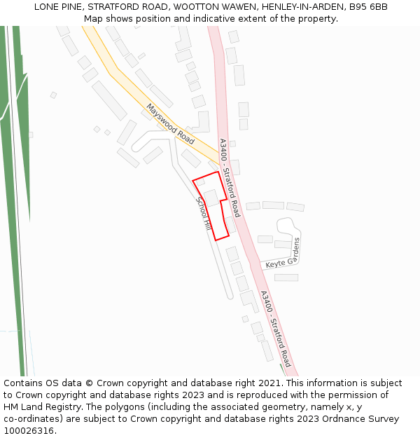 LONE PINE, STRATFORD ROAD, WOOTTON WAWEN, HENLEY-IN-ARDEN, B95 6BB: Location map and indicative extent of plot