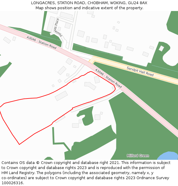LONGACRES, STATION ROAD, CHOBHAM, WOKING, GU24 8AX: Location map and indicative extent of plot