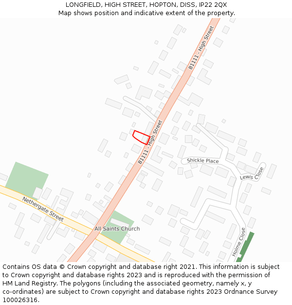 LONGFIELD, HIGH STREET, HOPTON, DISS, IP22 2QX: Location map and indicative extent of plot