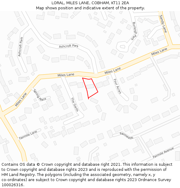 LORAL, MILES LANE, COBHAM, KT11 2EA: Location map and indicative extent of plot