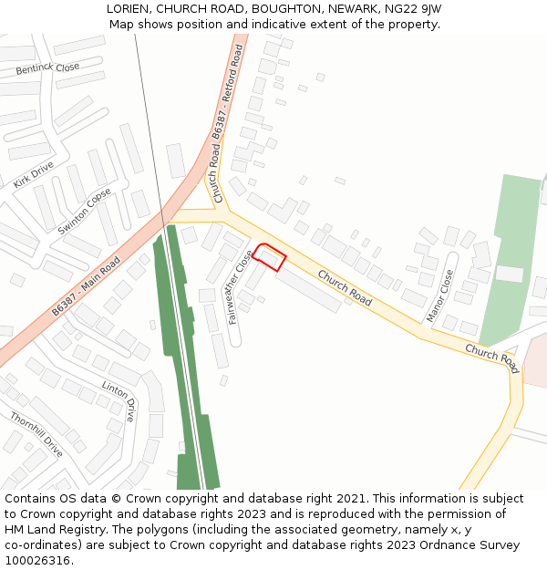 LORIEN, CHURCH ROAD, BOUGHTON, NEWARK, NG22 9JW: Location map and indicative extent of plot