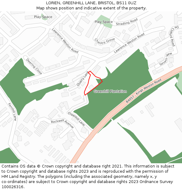 LORIEN, GREENHILL LANE, BRISTOL, BS11 0UZ: Location map and indicative extent of plot