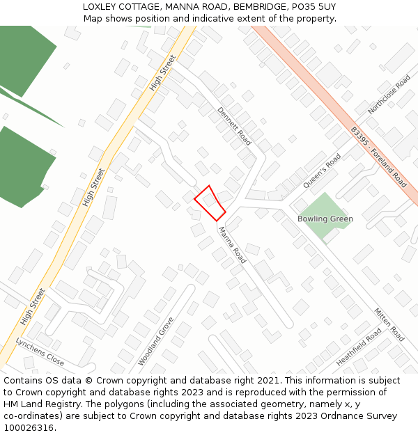 LOXLEY COTTAGE, MANNA ROAD, BEMBRIDGE, PO35 5UY: Location map and indicative extent of plot