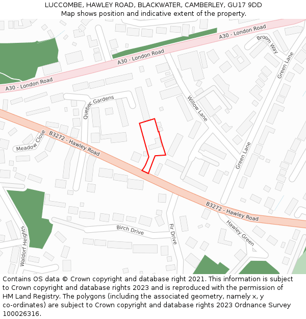 LUCCOMBE, HAWLEY ROAD, BLACKWATER, CAMBERLEY, GU17 9DD: Location map and indicative extent of plot