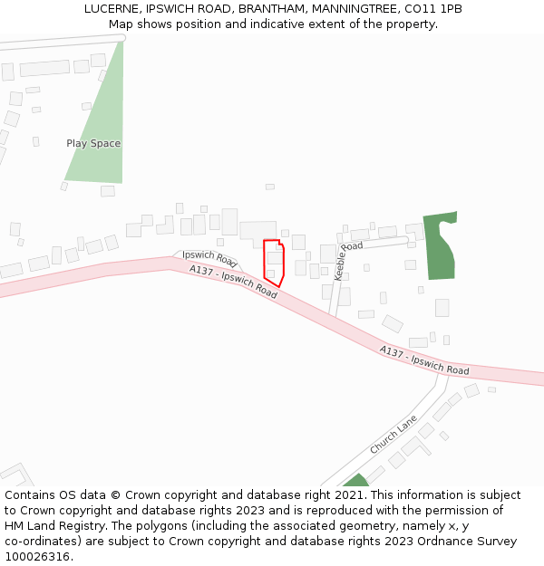 LUCERNE, IPSWICH ROAD, BRANTHAM, MANNINGTREE, CO11 1PB: Location map and indicative extent of plot