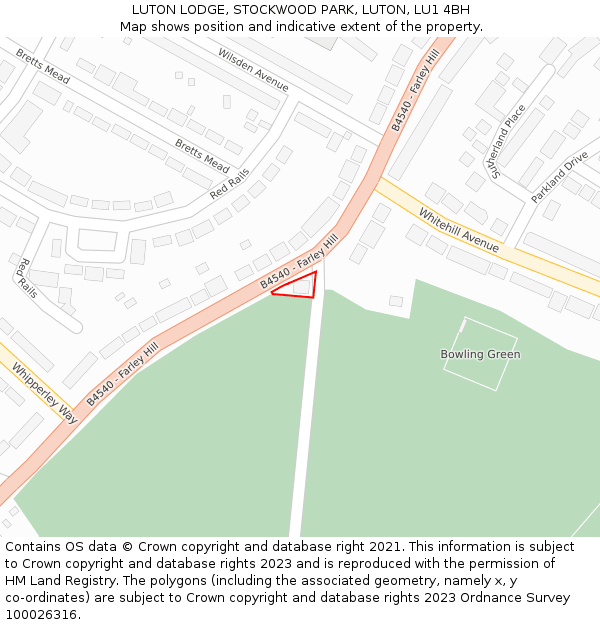 LUTON LODGE, STOCKWOOD PARK, LUTON, LU1 4BH: Location map and indicative extent of plot