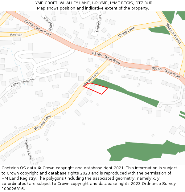 LYME CROFT, WHALLEY LANE, UPLYME, LYME REGIS, DT7 3UP: Location map and indicative extent of plot