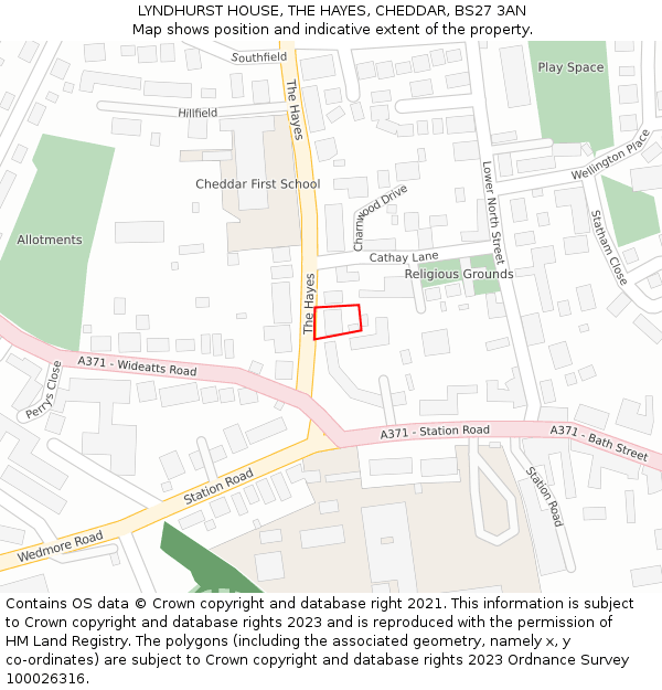 LYNDHURST HOUSE, THE HAYES, CHEDDAR, BS27 3AN: Location map and indicative extent of plot