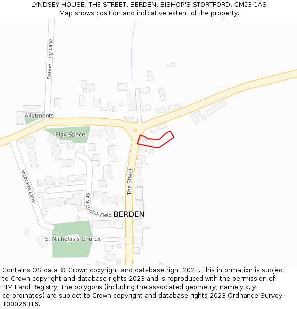 LYNDSEY HOUSE, THE STREET, BERDEN, BISHOP'S STORTFORD, CM23 1AS: Location map and indicative extent of plot