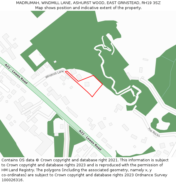 MADRUMAH, WINDMILL LANE, ASHURST WOOD, EAST GRINSTEAD, RH19 3SZ: Location map and indicative extent of plot