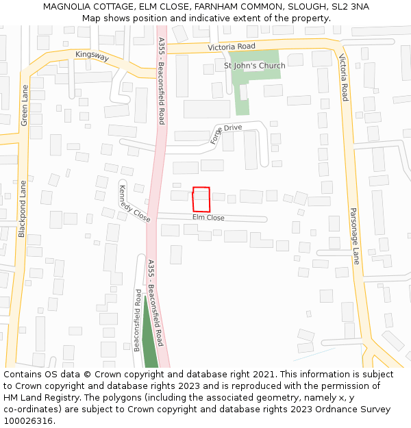 MAGNOLIA COTTAGE, ELM CLOSE, FARNHAM COMMON, SLOUGH, SL2 3NA: Location map and indicative extent of plot