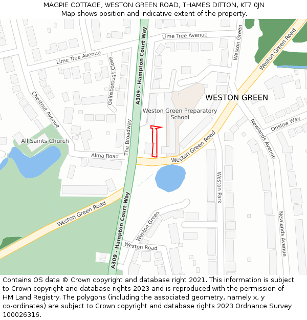 MAGPIE COTTAGE, WESTON GREEN ROAD, THAMES DITTON, KT7 0JN: Location map and indicative extent of plot