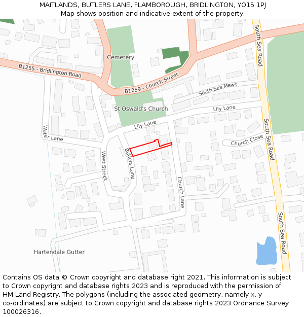 MAITLANDS, BUTLERS LANE, FLAMBOROUGH, BRIDLINGTON, YO15 1PJ: Location map and indicative extent of plot