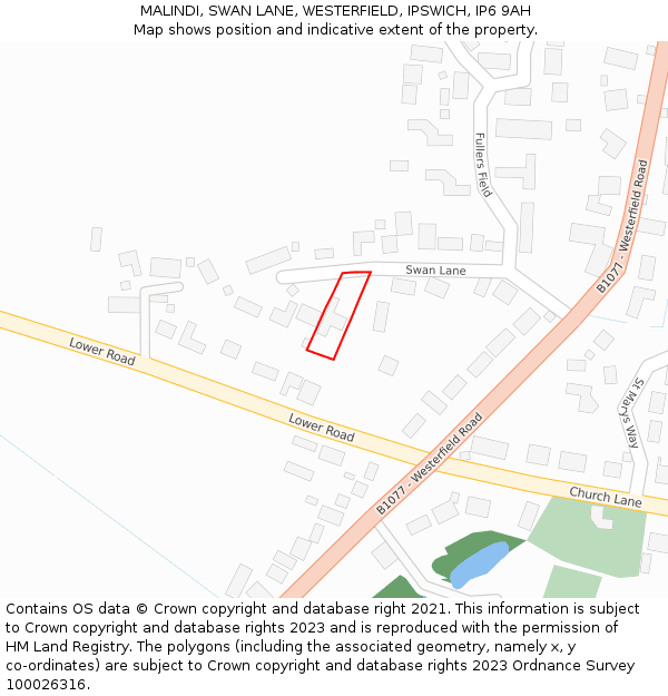 MALINDI, SWAN LANE, WESTERFIELD, IPSWICH, IP6 9AH: Location map and indicative extent of plot