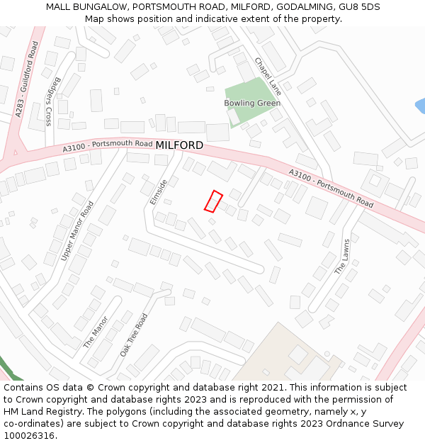 MALL BUNGALOW, PORTSMOUTH ROAD, MILFORD, GODALMING, GU8 5DS: Location map and indicative extent of plot
