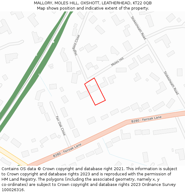 MALLORY, MOLES HILL, OXSHOTT, LEATHERHEAD, KT22 0QB: Location map and indicative extent of plot