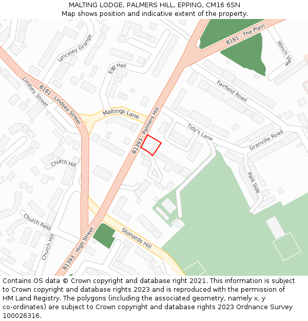 MALTING LODGE, PALMERS HILL, EPPING, CM16 6SN: Location map and indicative extent of plot