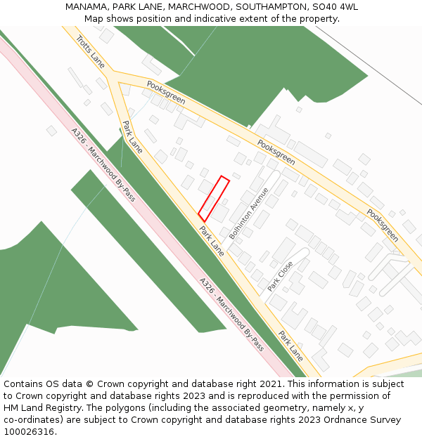 MANAMA, PARK LANE, MARCHWOOD, SOUTHAMPTON, SO40 4WL: Location map and indicative extent of plot