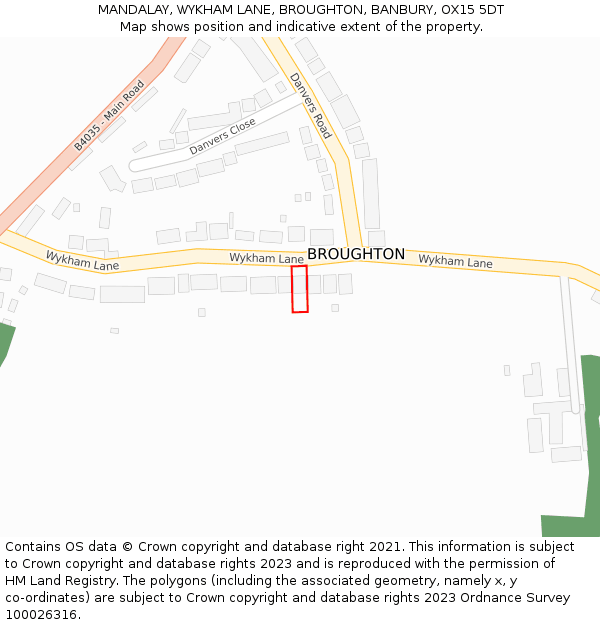 MANDALAY, WYKHAM LANE, BROUGHTON, BANBURY, OX15 5DT: Location map and indicative extent of plot