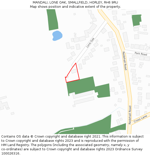 MANDALI, LONE OAK, SMALLFIELD, HORLEY, RH6 9RU: Location map and indicative extent of plot