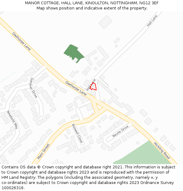 MANOR COTTAGE, HALL LANE, KINOULTON, NOTTINGHAM, NG12 3EF: Location map and indicative extent of plot