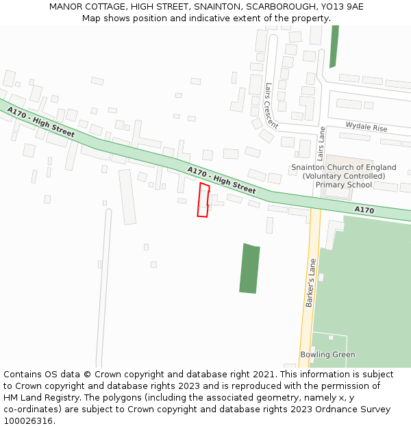 MANOR COTTAGE, HIGH STREET, SNAINTON, SCARBOROUGH, YO13 9AE: Location map and indicative extent of plot