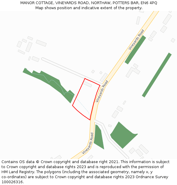 MANOR COTTAGE, VINEYARDS ROAD, NORTHAW, POTTERS BAR, EN6 4PQ: Location map and indicative extent of plot