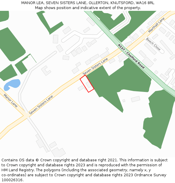MANOR LEA, SEVEN SISTERS LANE, OLLERTON, KNUTSFORD, WA16 8RL: Location map and indicative extent of plot