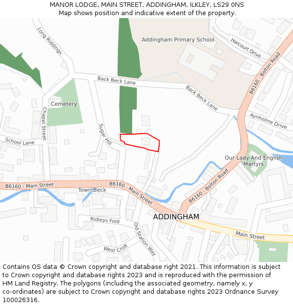 MANOR LODGE, MAIN STREET, ADDINGHAM, ILKLEY, LS29 0NS: Location map and indicative extent of plot