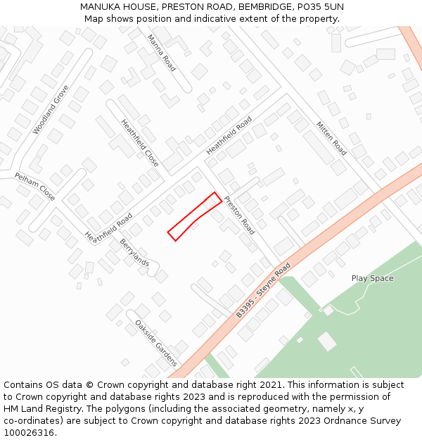 MANUKA HOUSE, PRESTON ROAD, BEMBRIDGE, PO35 5UN: Location map and indicative extent of plot