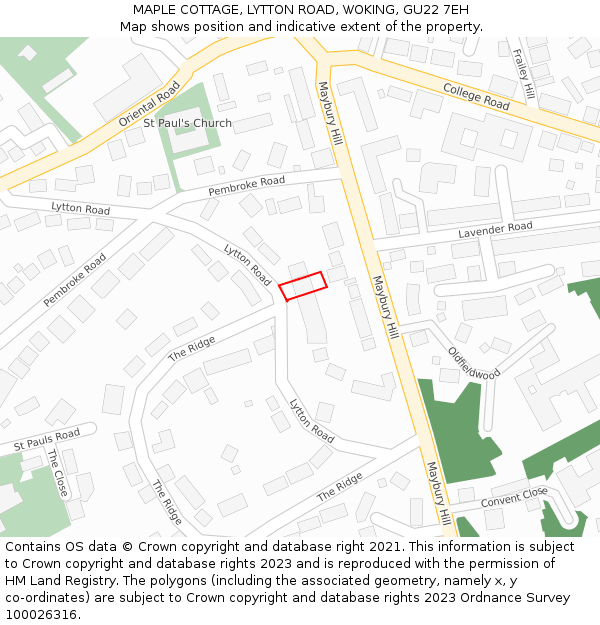 MAPLE COTTAGE, LYTTON ROAD, WOKING, GU22 7EH: Location map and indicative extent of plot