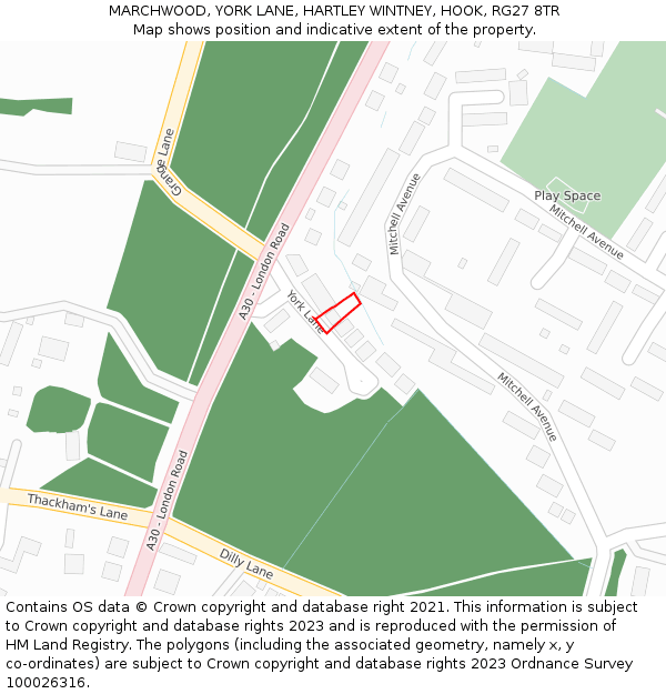 MARCHWOOD, YORK LANE, HARTLEY WINTNEY, HOOK, RG27 8TR: Location map and indicative extent of plot