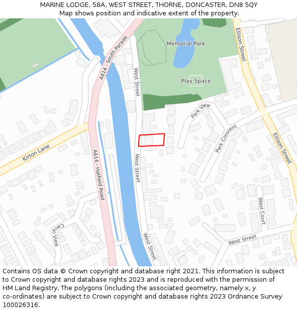 MARINE LODGE, 58A, WEST STREET, THORNE, DONCASTER, DN8 5QY: Location map and indicative extent of plot