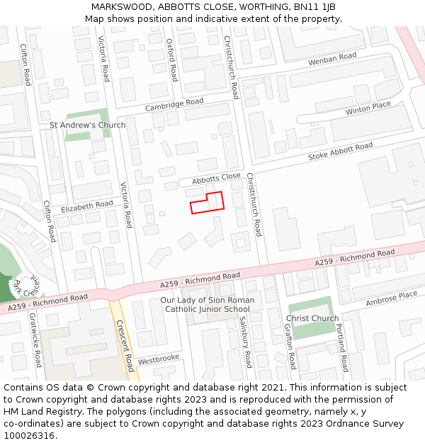 MARKSWOOD, ABBOTTS CLOSE, WORTHING, BN11 1JB: Location map and indicative extent of plot
