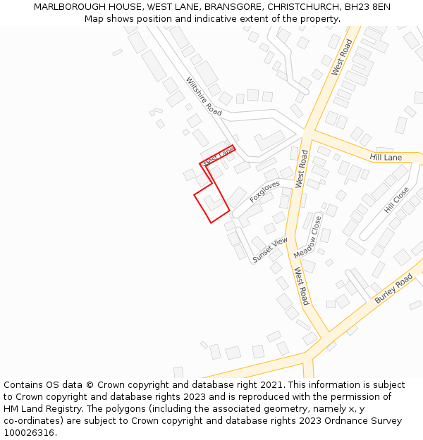 MARLBOROUGH HOUSE, WEST LANE, BRANSGORE, CHRISTCHURCH, BH23 8EN: Location map and indicative extent of plot