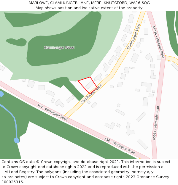 MARLOWE, CLAMHUNGER LANE, MERE, KNUTSFORD, WA16 6QG: Location map and indicative extent of plot