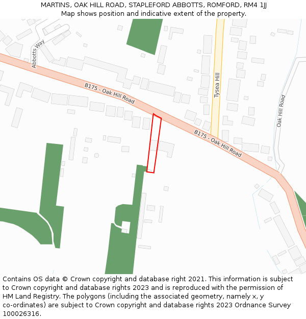 MARTINS, OAK HILL ROAD, STAPLEFORD ABBOTTS, ROMFORD, RM4 1JJ: Location map and indicative extent of plot