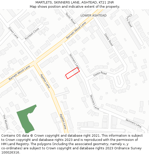 MARTLETS, SKINNERS LANE, ASHTEAD, KT21 2NR: Location map and indicative extent of plot