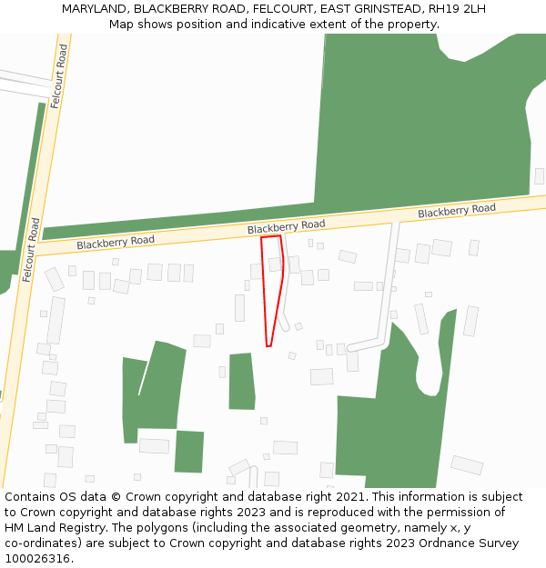 MARYLAND, BLACKBERRY ROAD, FELCOURT, EAST GRINSTEAD, RH19 2LH: Location map and indicative extent of plot