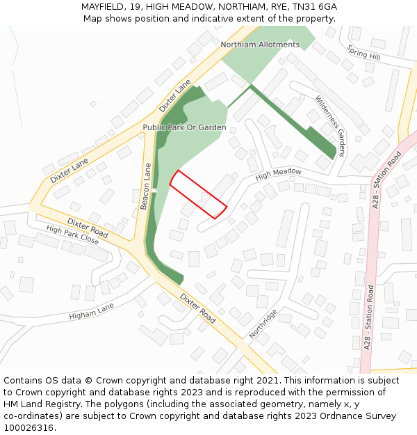 MAYFIELD, 19, HIGH MEADOW, NORTHIAM, RYE, TN31 6GA: Location map and indicative extent of plot