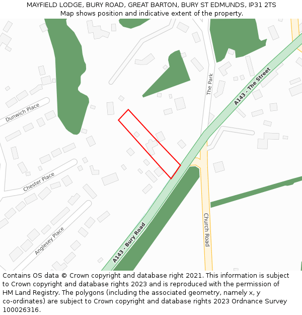 MAYFIELD LODGE, BURY ROAD, GREAT BARTON, BURY ST EDMUNDS, IP31 2TS: Location map and indicative extent of plot