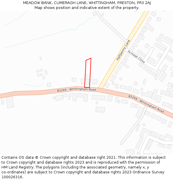 MEADOW BANK, CUMERAGH LANE, WHITTINGHAM, PRESTON, PR3 2AJ: Location map and indicative extent of plot