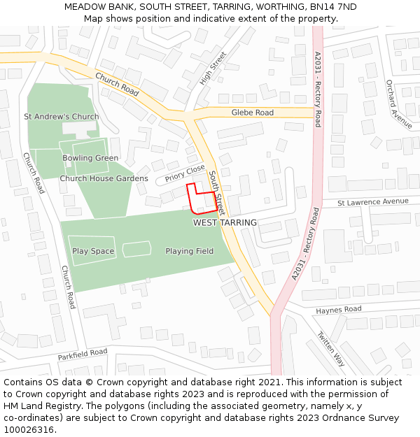 MEADOW BANK, SOUTH STREET, TARRING, WORTHING, BN14 7ND: Location map and indicative extent of plot