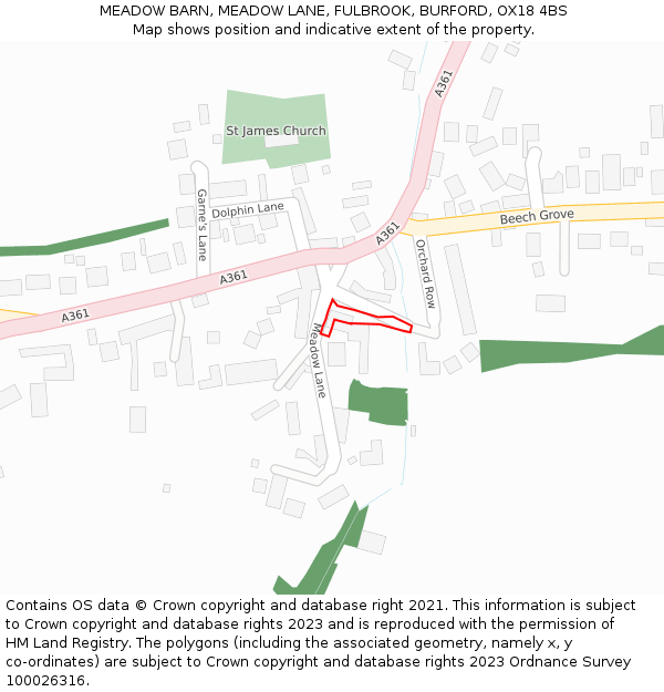 MEADOW BARN, MEADOW LANE, FULBROOK, BURFORD, OX18 4BS: Location map and indicative extent of plot